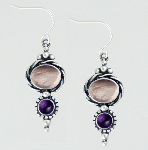 Sterling Silver Drop Dangle Earrings With Rose Quartz And Amethyst